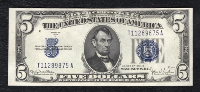 1934-D $5 Five Dollars Silver Certificate Currency Note Choice Uncirculated (D)