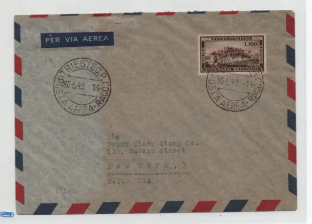 Trieste Amg Ftt 30/5/1949 £ 100 Repubblica Romana On Fdc To New York Sass. 95