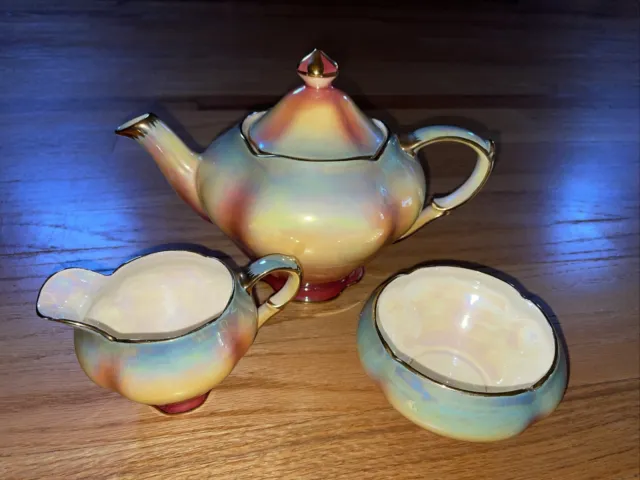 Vintage Royal Winton Grimwades Rainbow Lusterware Teapot Sugar And Creamer Set!