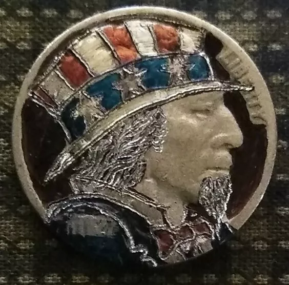 Hobo Nickel Coins hand carved original by J&M Tarantula as Uncle Sam took my $$$