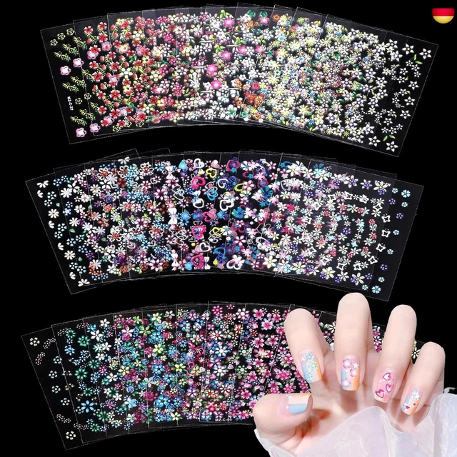 JMEOWIO Nagelsticker Bunte Blumen – 30 Blätter Selbstklebend, Für Nageldesign & Acrylnägel