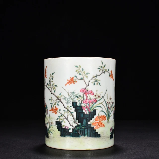 6.6"Rare China antique Qing Dynasty Qianlong Pastel Floral pattern pen container