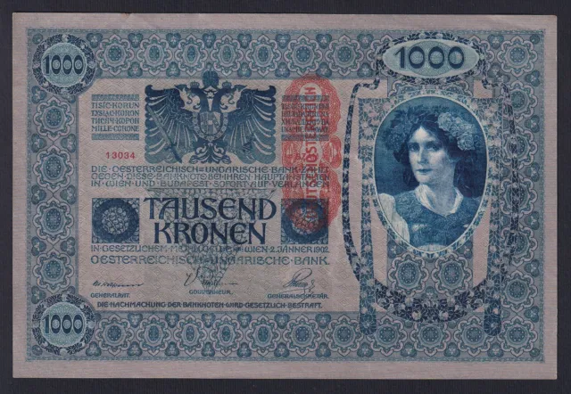 Austria 1000 Kronen 1902 (1919) P 59 Spl XF+ L-DR7