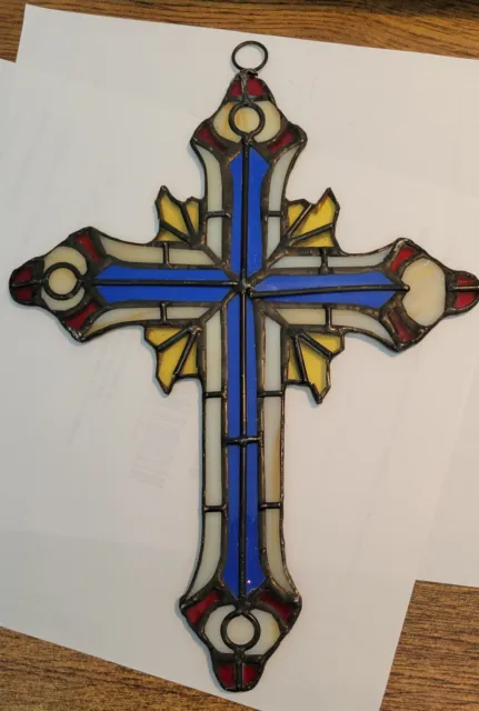 Stained glass suncatcher Crucifix Cross Blue White RedWindow hanging handmade 9"