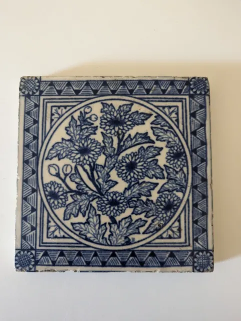 Tile Minton Hollins Stoke On Trent Blue/ white floral Victorian