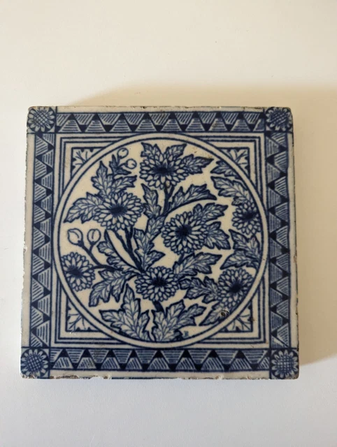 Tile Minton Hollins Stoke On Trent Blue/ white floral Victorian
