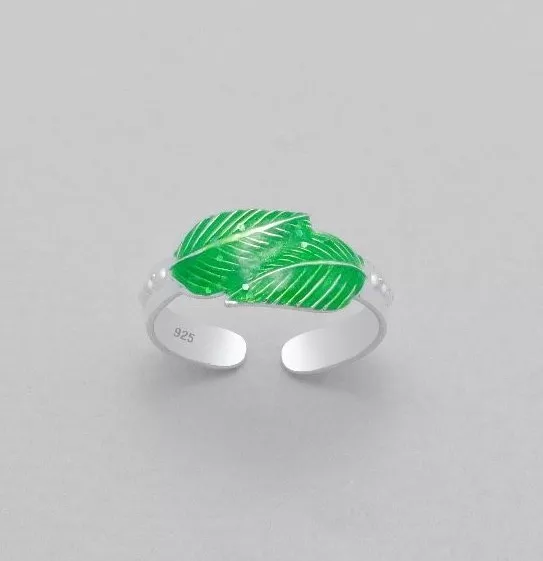 TJS 925 Sterling Silver Toe Ring Double Leaf Enamel Leaves Adjustable Jewellery