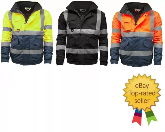 Safety Jacket ORANGE Hi-Vis Insulated Bomber Reflective  Coat HIGH VISIBILITY