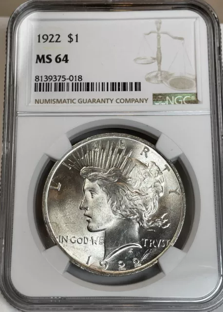 1922-P $1 Peace Silver Dollar NGC MS 64 Bright White, Near Gem Quality, Luster!!