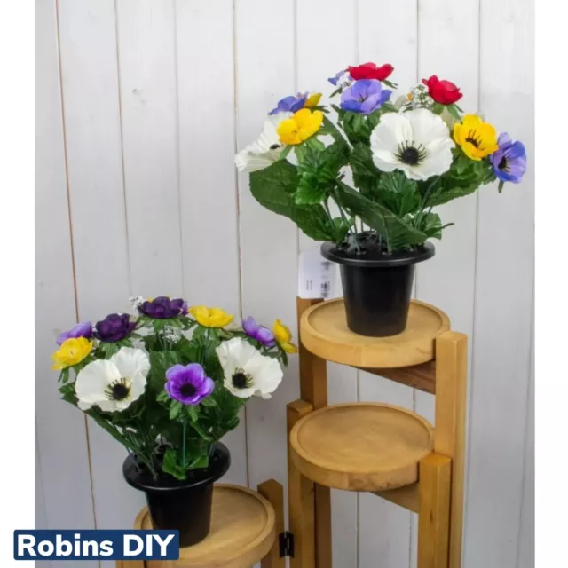 2 X Memorial Grave - Cemetery Pots With Artificial Flowers - Anemone Mixed