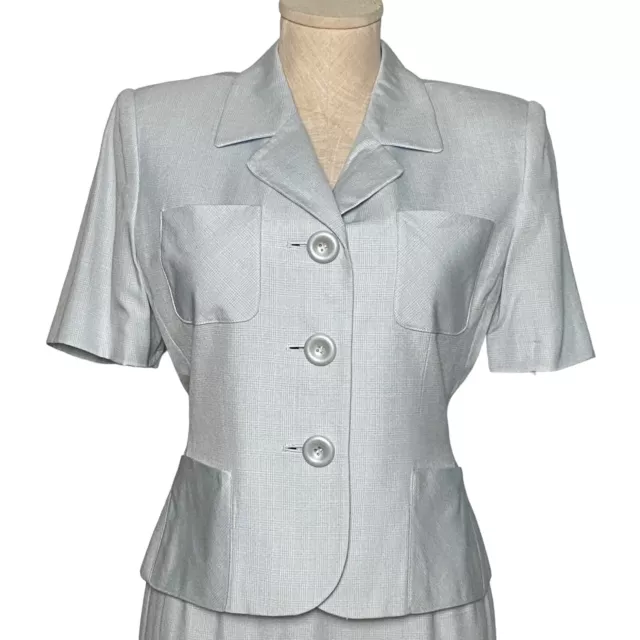 Kasper Women Suit 2Pc Skirt Straight 3 Button Short Sleeve Jacket Check Blue 10P 2