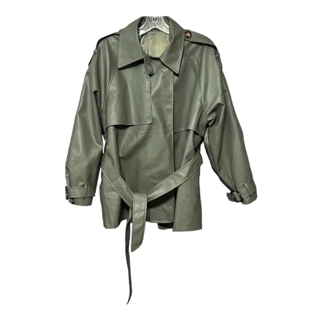 Faux Leather Belted Coat Women’s Medium Sage Green One Button Slim Fit Jacket