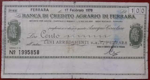 Miniassegno Banca Credito Agrario Ferrara - Levi Arredamenti S.a.s. 17.02.1976
