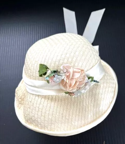 1960's Little Girls Ivory Straw Hat Pale Pink & Blue Flowers Satin Ribbon Easter