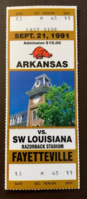 Arkansas Razorbacks 9/21/1991 ORIGINAL college football ticket vs SW Louisiana