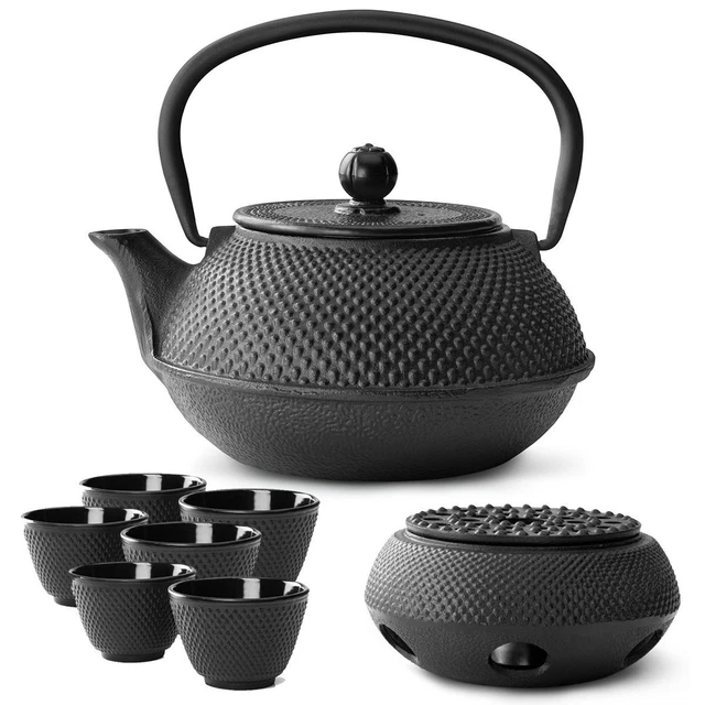 Asia Tee Set Teekanne Teesieb 6 Becher Stövchen Teeservice Gußeisen 0,8 L