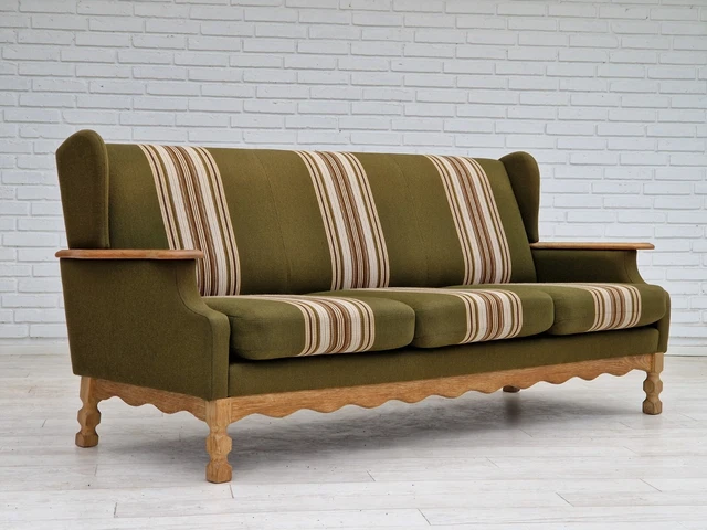 1970s, Danish vintage 3 seater, green fabric, oak wood, original condition.