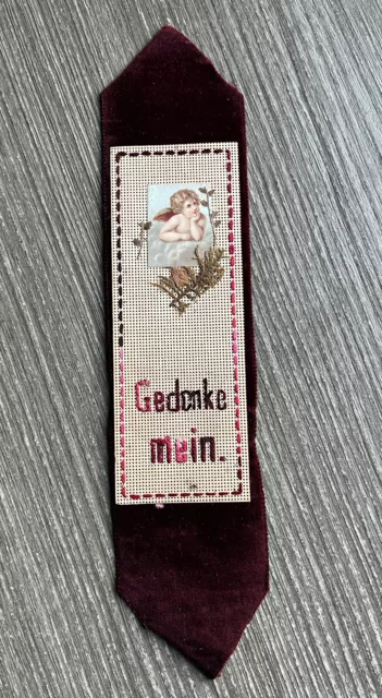 Lesezeichen um 1900 "Gedenke mein." roter Samt, bestickt, beklebt mit Engelsbild