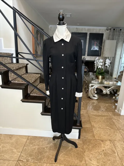 Carven Boutique Couture 70s Black Wool White Satin Headmistress Shirtdress S