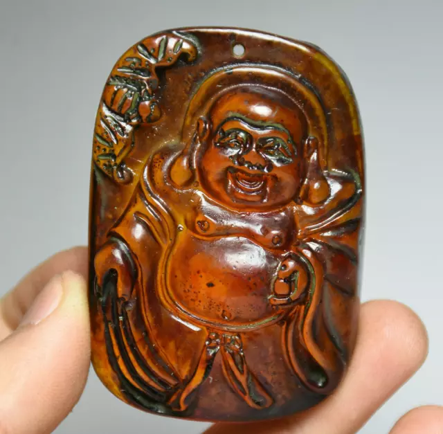 6.5CM Rare Old Chinese Amber Carving Happy Laugh Maitreya Buddha Amulet pendant
