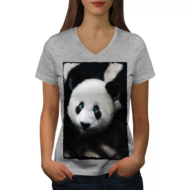 Wellcoda Giant Panda Bear Womens V-Neck T-shirt, Jungle Life Graphic Design Tee