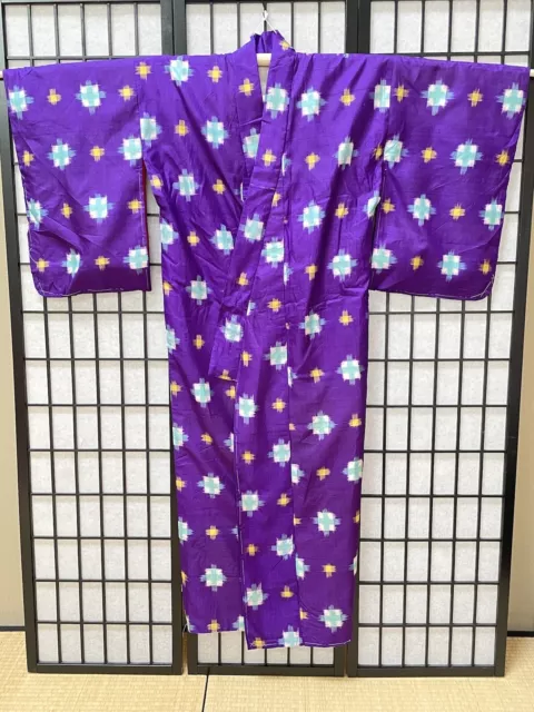 Vintage Japanese Lined Silk ‘Meisen’ Kimono With Kasuri Patterns Purple