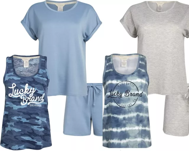 Lucky Brand Womens Pajamas 3-Piece T-Shirt Tank Top Shorts Sleepwear -Blue Gray