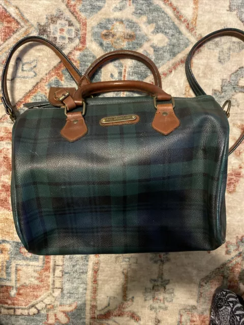 Vtg. POLO RALPH LAUREN Blue Green Plaid Brown Leather Boston Top Handle Bag