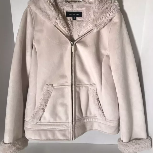 Jones of New York Women’s Beige Faux Suede Faux Fur Lined Hooded Jacket M