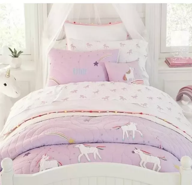 NWT Pottery Barn Kids FLANNEL Pink Unicorn Rainbow 100% Organic TWIN SHEET SET