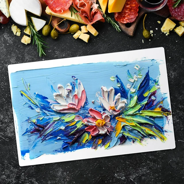 Planche De Cuisine En Verre Trempé Tulup – 80x52 Cm – Motif Grue Et Fleurs – Bleue