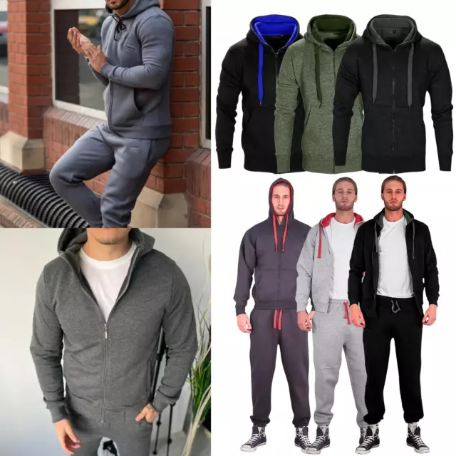 Mens Fleece Tracksuit Set Hoodie Top & Bottoms Joggers Contrast New Gym Jogging