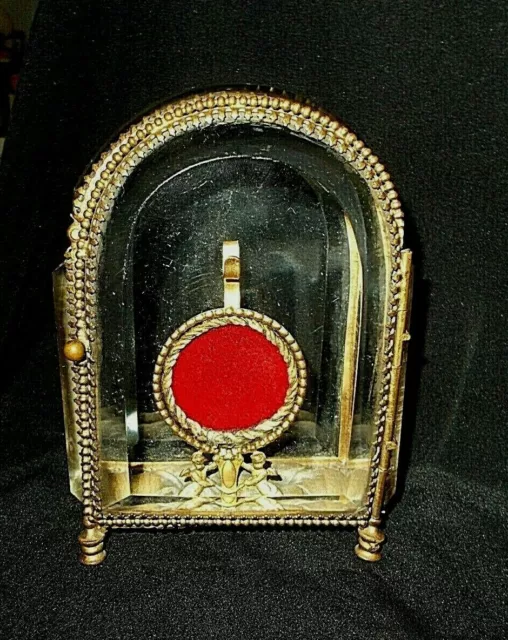 Ant. Victorian Pocket Watch Holder/Case Orante Brass & Beveled Glass W/Putti's