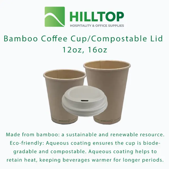 Disposable Compostable Bamboo Coffee Cups 12/16oz Takeaway Single Wall with Lid