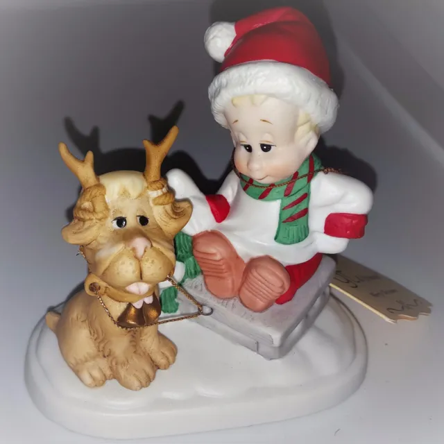 Merry Christmas Porcelain Figurine - boy & reindeer 1983 Possible Dreams