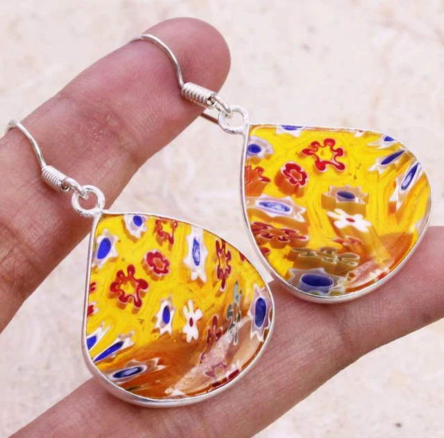 Dichroic Glass 925 Silver Plated Handmade Earrings of 1.5" Ethnic Gift