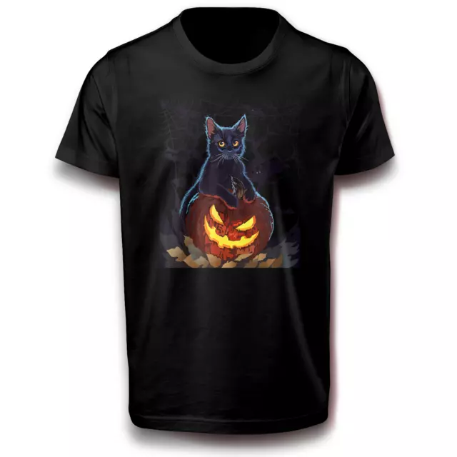 Halloween Schwarze Katze mit Kürbis T-Shirt 122 - 3XL Baumwolle Fun Gruselig