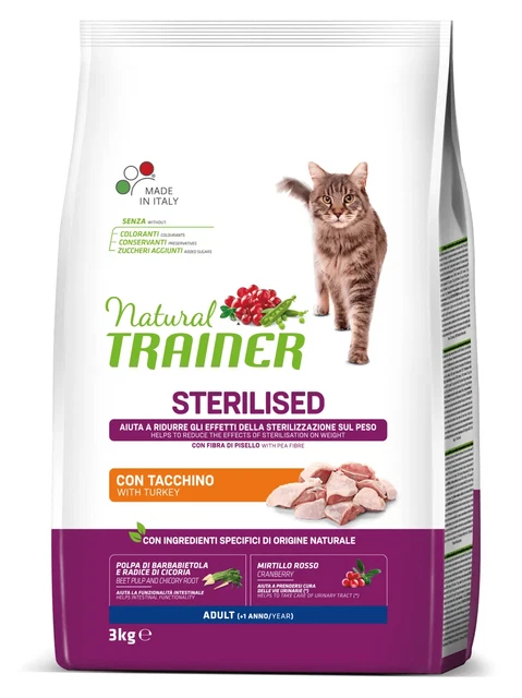 3 Kg Natural Trainer Cibo Secco Gatto Sterilizzato Sterilised Adult con tacchino