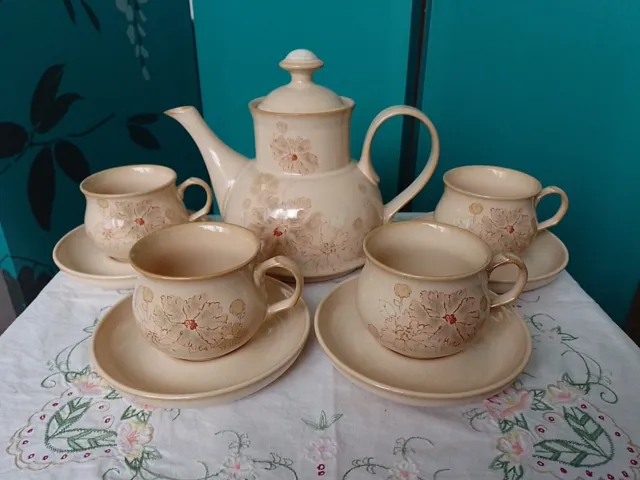 Denby Sandalwood Tea Set, Tea Pot, Cups & Saucers - NEW -