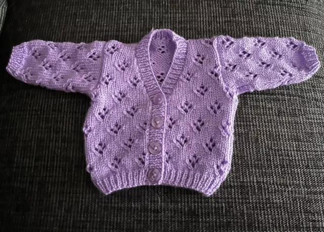 HANDKNITTED LILAC CARDIGAN TO FIT BABY BOY OR GIRL AGED 0 - 3 Months