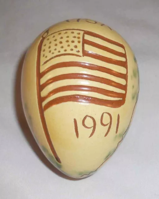 1991 Breininger Glazed Redware Egg Yellow and Brown Sgraffito American Flag
