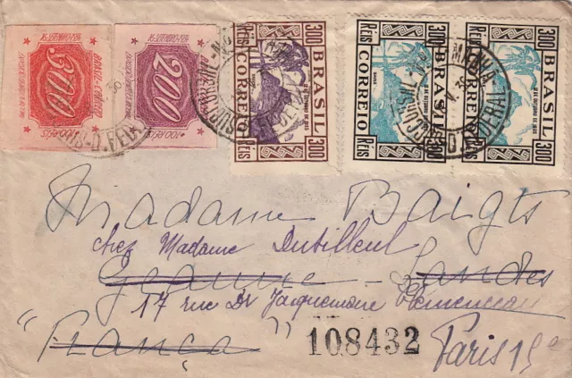 Lettre Brésil pour la France Redistribué 1936 >> 1400 REIS Cover