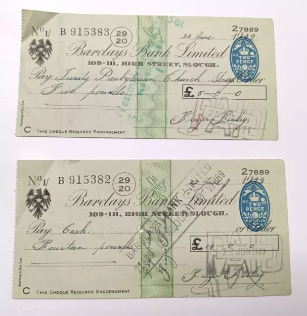 2 x Barclays Bank Cheques 1949 Consecutive Numbers Slough Berkshire 29 20