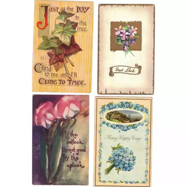 Lot of 4 Antique Greetings Postcards with Flowers- Lot 978