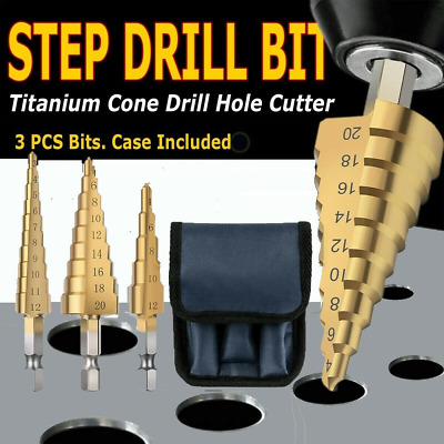 3PCS Drill Bit Set Titanium Nitride Coated Steel Step Quick Change 1/4 Shank HSS