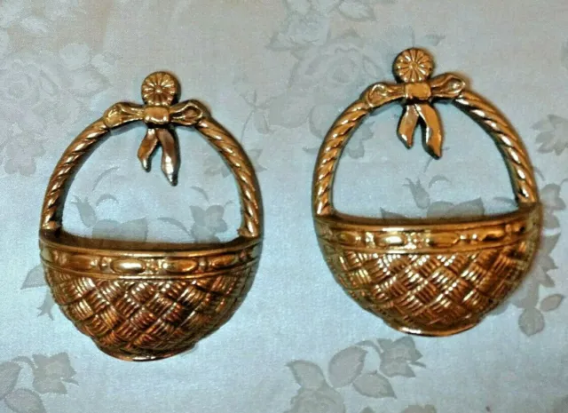 Small Vintage Burwood Gold Basket Wall Pocket Set of 2 # 2828