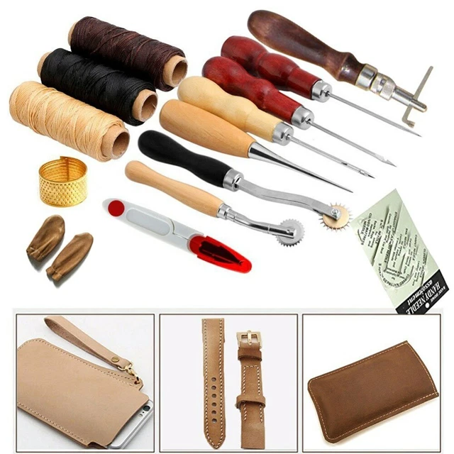 Juego de 14 piezas de cuero artesanal con aguja manual dededal hilo chal kits de costura