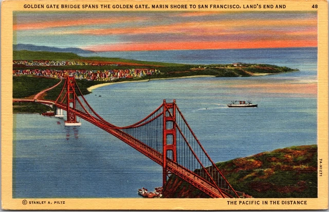 Vtg California CA Golden Gate Bridge San Francisco to Marin 1930s Linen Postcard