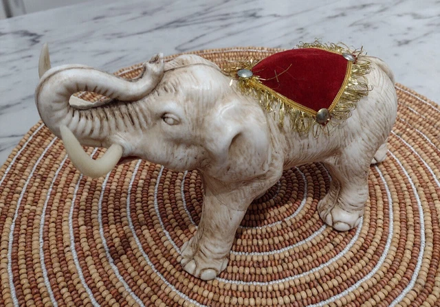 Rare White Plastic Filled Elephant - Vintage - Red Velvet Seat - Very Detailed