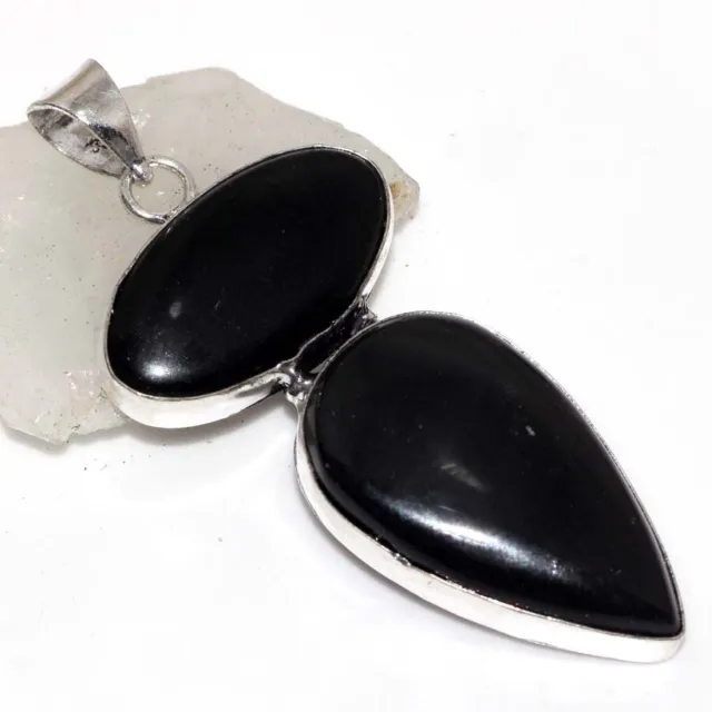 925 Silver Plated-Black Obsidian Ethnic Long Gemstone Pendant Jewelry 2.5" AU i4